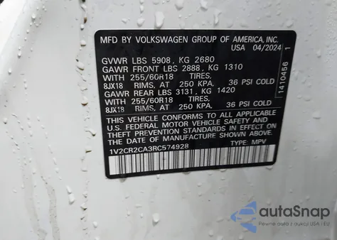 2024 Volkswagen Atlas 2.0T Peak Edition Se W/Technology z USA, uszkodzony, nr VIN 1V2CR2CA3RC574928
